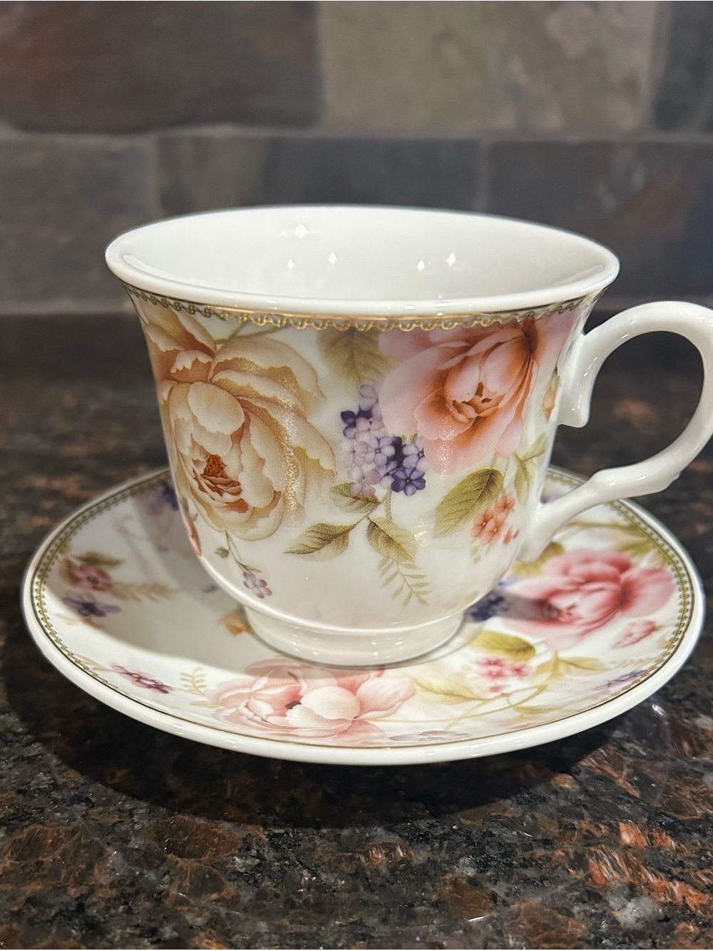 Elegant Floral Porcelain Tea Cup and Saucer - Pink and Cream